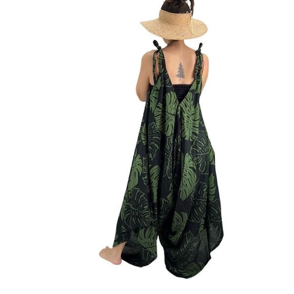 Pōʻalima Black Green Monstera Tropical Boho Wide Leg Beach Romper - Picture 7 of 15